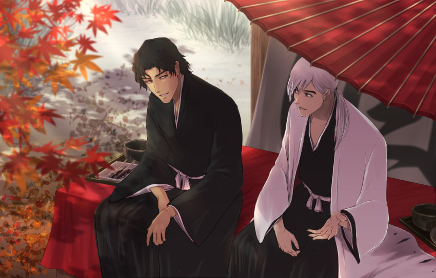2021 2boys aged_down autumn black_hair black_kimono bleach blurry brown_eyes commentary_request dappled_sunlight dated_commentary day depth_of_field feet_out_of_frame ginjou_kuugo green_eyes hand_up haori japanese_clothes kimono leaf long_hair looking_at_another low_ponytail male_focus maple_leaf mature_male multiple_boys navinavinavia oil-paper_umbrella outdoors parted_lips ponytail short_hair side-by-side sitting smile sunlight ukitake_juushirou umbrella white_hair white_kimono