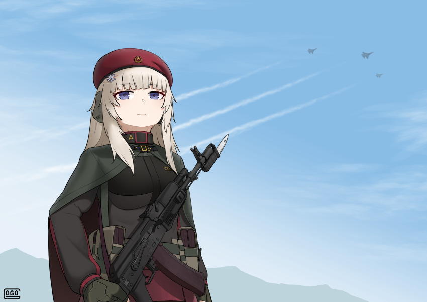 1girl absurdres aircraft airplane ak-74m ak74m_(girls&#039;_frontline) ammunition_pouch artist_name assault_rifle bayonet beret blue_eyes blue_sky breasts chinese_commentary cloak closed_mouth commentary contrail ear_protection english_commentary expressionless fighter_jet fingerless_gloves flag_hair_ornament girls&#039;_frontline gloves gogo_(gogo_23) green_cloak green_gloves gun hair_ornament hat highres holding holding_gun holding_weapon kalashnikov_rifle looking_at_viewer magazine_(weapon) military military_vehicle mixed-language_commentary mountainous_horizon outdoors pouch red_skirt rifle russian_flag skirt sky snowflake_hair_ornament solo star_(symbol) trail upper_body weapon white_hair