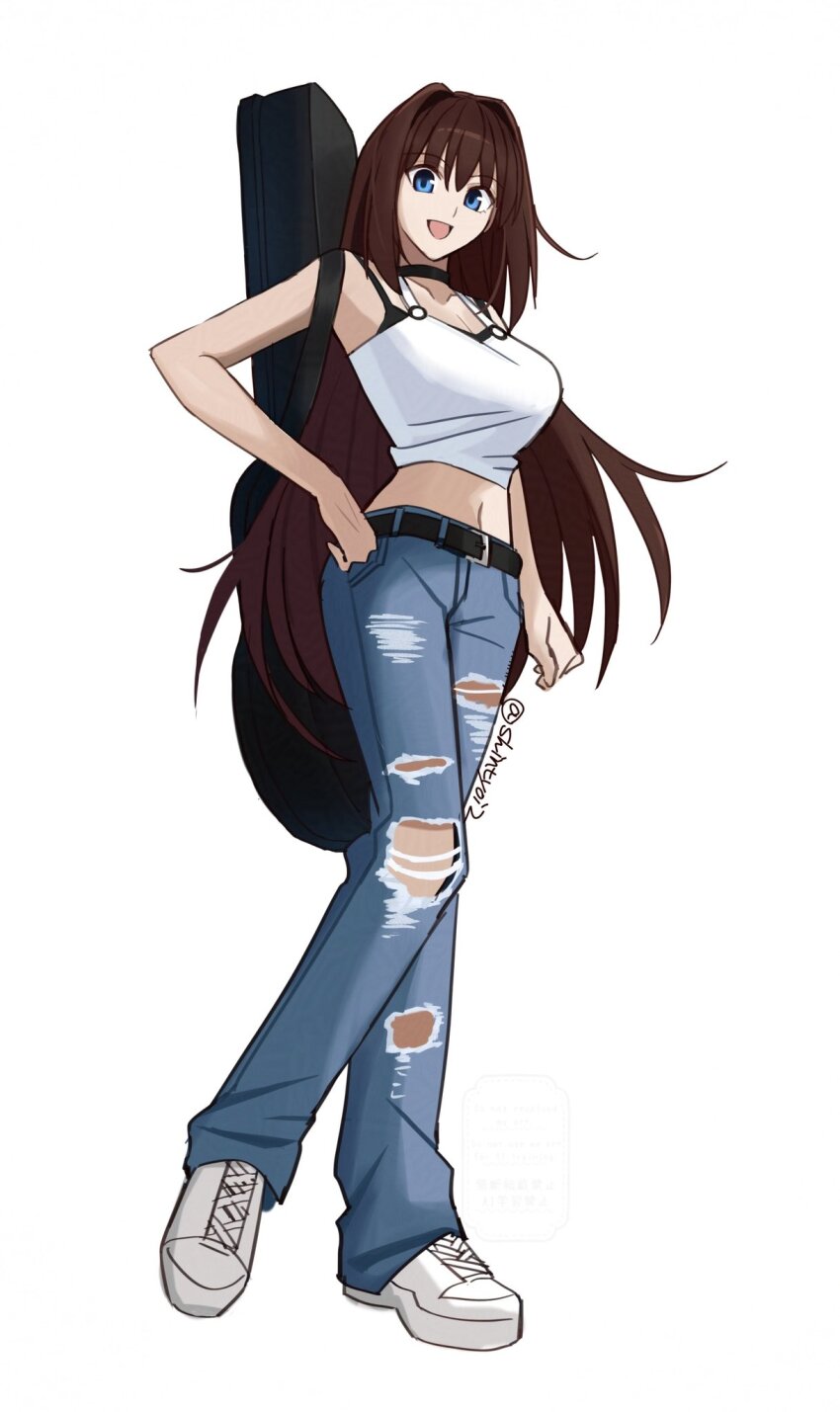 1girl aozaki_aoko belt blue_eyes blue_pants breasts brown_hair commentary crop_top denim full_body guitar_case highres instrument_case jeans large_breasts long_hair looking_at_viewer mahou_tsukai_no_yoru midriff navel open_mouth pants shintyoi2 shoes simple_background smile solo standing torn_clothes torn_pants white_background white_shoes
