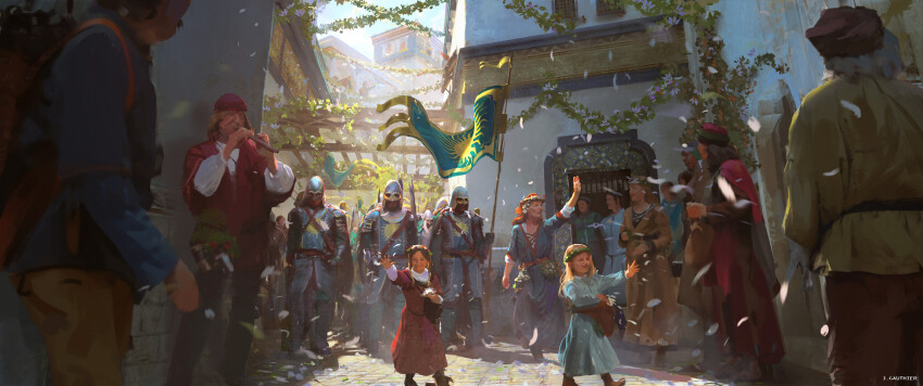 6+boys 6+girls absurdres armor battle_standard child city cloak crowd door falling_petals flag garland_(decoration) helmet highres holding holding_flag multiple_boys multiple_girls numenor official_art parade petals playing_flute playing_instrument polearm red_headwear red_tunic renart rings_of_power road scenery shoulder_armor spear street tabard throwing throwing_petals tolkien&#039;s_legendarium tunic war_flag watermark weapon