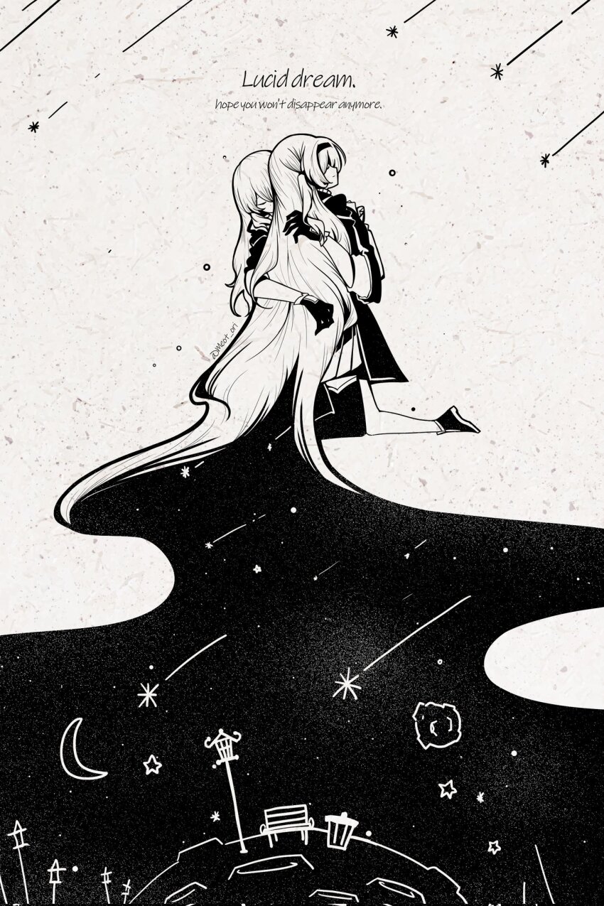 black_hairband crescent electronduck firefly_(honkai:_star_rail) grey_hair greyscale hair_between_eyes hair_ornament hairband highres honkai:_star_rail honkai_(series) long_hair monochrome moon shooting_star star_(symbol) stelle_(honkai:_star_rail) trailblazer_(honkai:_star_rail) very_long_hair