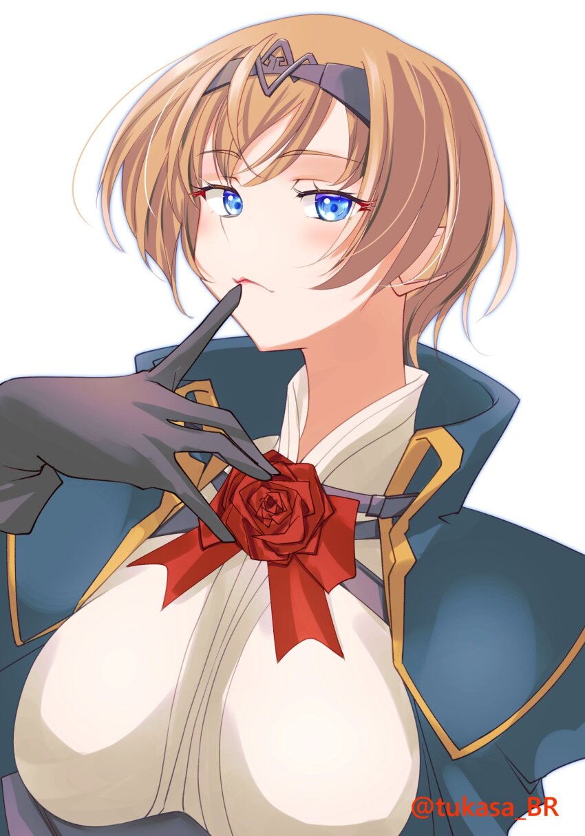 1girl black_gloves blonde_hair blue_eyes collared_shirt dress_shirt finger_to_mouth flower gloves hairband highres kantai_collection lips military_uniform official_alternate_hair_length official_alternate_hairstyle one-hour_drawing_challenge red_flower red_ribbon red_rose ribbon rose shirt short_hair simple_background solo tsukasa_(tukasa_br) upper_body victorious_(kancolle) white_background white_shirt