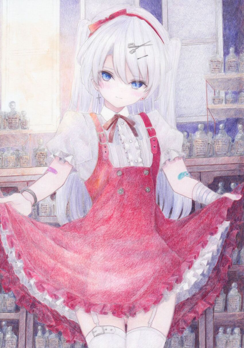 1girl bandages bandaid blue_eyes blush clothes_lift colored_pencil_(medium) cross cross_earrings cuffs curtsey darkkanan dress earrings eyes_visible_through_hair frilled_dress frilled_shirt frilled_skirt frills garter_straps hair_between_eyes hairband handcuffs highres indoors jewelry long_hair looking_at_viewer original painting_(medium) red_dress red_hairband shirt skirt skirt_lift solo standing suspender_skirt suspenders thighhighs traditional_media watercolor_(medium) white_hair white_shirt