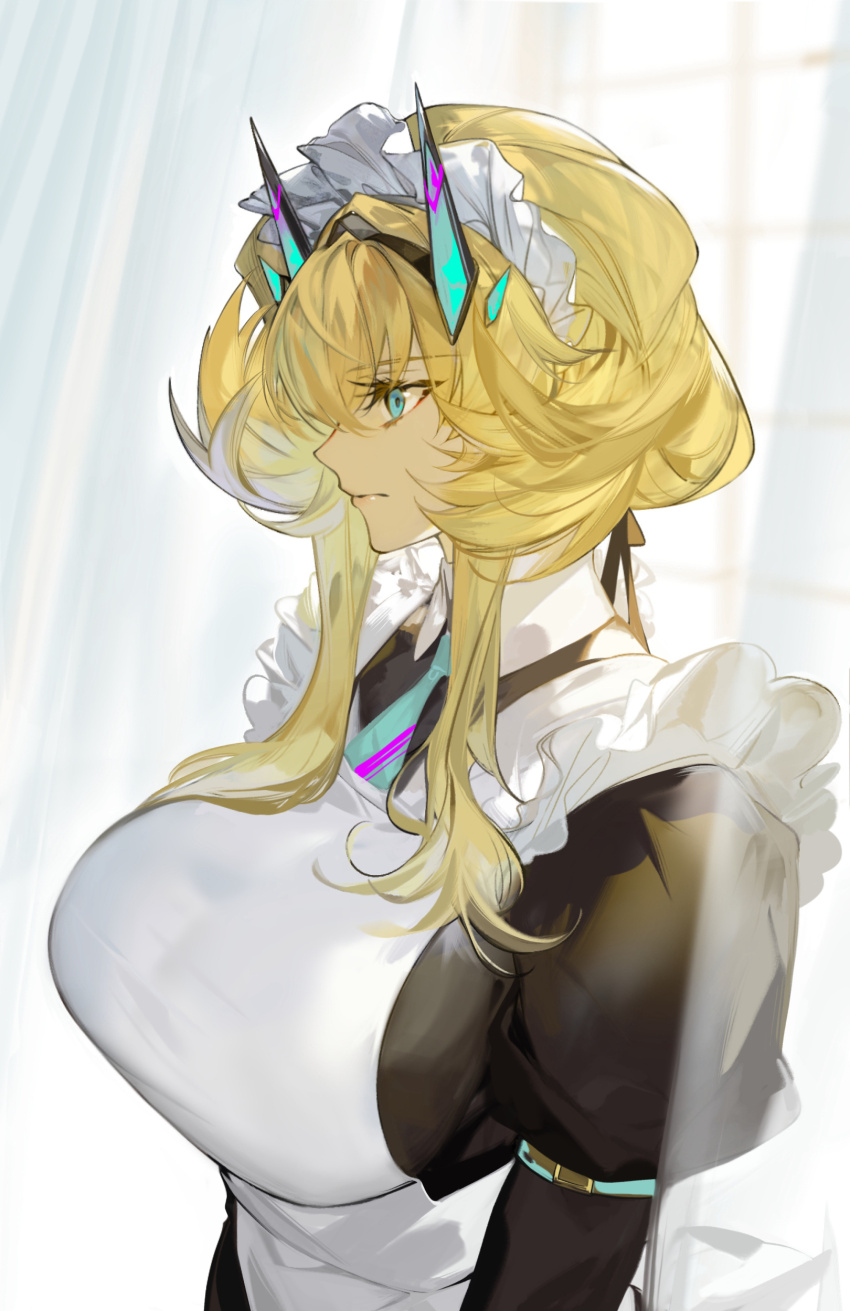 1girl absurdres apron aqua_eyes aqua_necktie arlizi arm_at_side arm_belt barghest_(fate) barghest_(swimsuit_archer)_(second_ascension)_(fate) black_dress black_ribbon blonde_hair blurry blurry_background breasts closed_mouth collared_dress curtains dress eyelashes fate/grand_order fate_(series) frilled_apron frills from_side hair_between_eyes hair_ribbon highres horns juliet_sleeves large_breasts long_sleeves looking_ahead maid maid_apron maid_headdress necktie profile puffy_sleeves ribbon serious sidelocks solo taut_clothes updo upper_body white_apron window