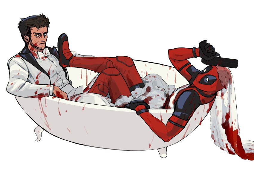 2boys absurdres arksia arm_rest arm_up bathtub beard blood blood_on_body blood_on_clothes blood_splatter bow bowtie bridal_veil brown_eyes brown_hair closed_mouth collared_shirt commentary deadpool deadpool_&amp;_wolverine deadpool_(series) dress dress_shirt facial_hair formal_clothes gun handgun hashtag-only_commentary highres holding holding_gun holding_weapon lapels layered_sleeves leaning leaning_back looking_at_viewer looking_to_the_side male_focus marvel marvel_cinematic_universe multiple_boys no_pupils outstretched_leg shirt short_hair sideways_glance simple_background suit superhero_costume veil weapon white_background white_bow white_bowtie white_dress white_eyes white_shirt white_suit wing_collar wolverine_(x-men) x-men