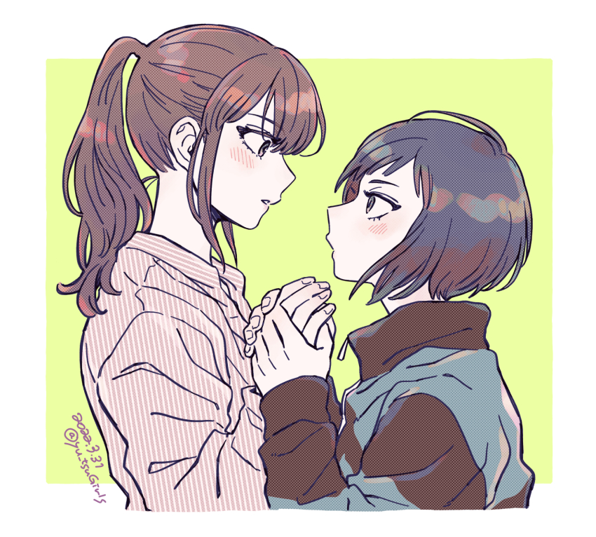 2girls blush dated eye_contact hand_grab height_difference highres jacket komano_hina looking_at_another medium_hair multiple_girls okujou_no_yurirei-san pe88y_(yu_tsugirls) ponytail short_hair simple_background toomi_yuna twitter_username yuri