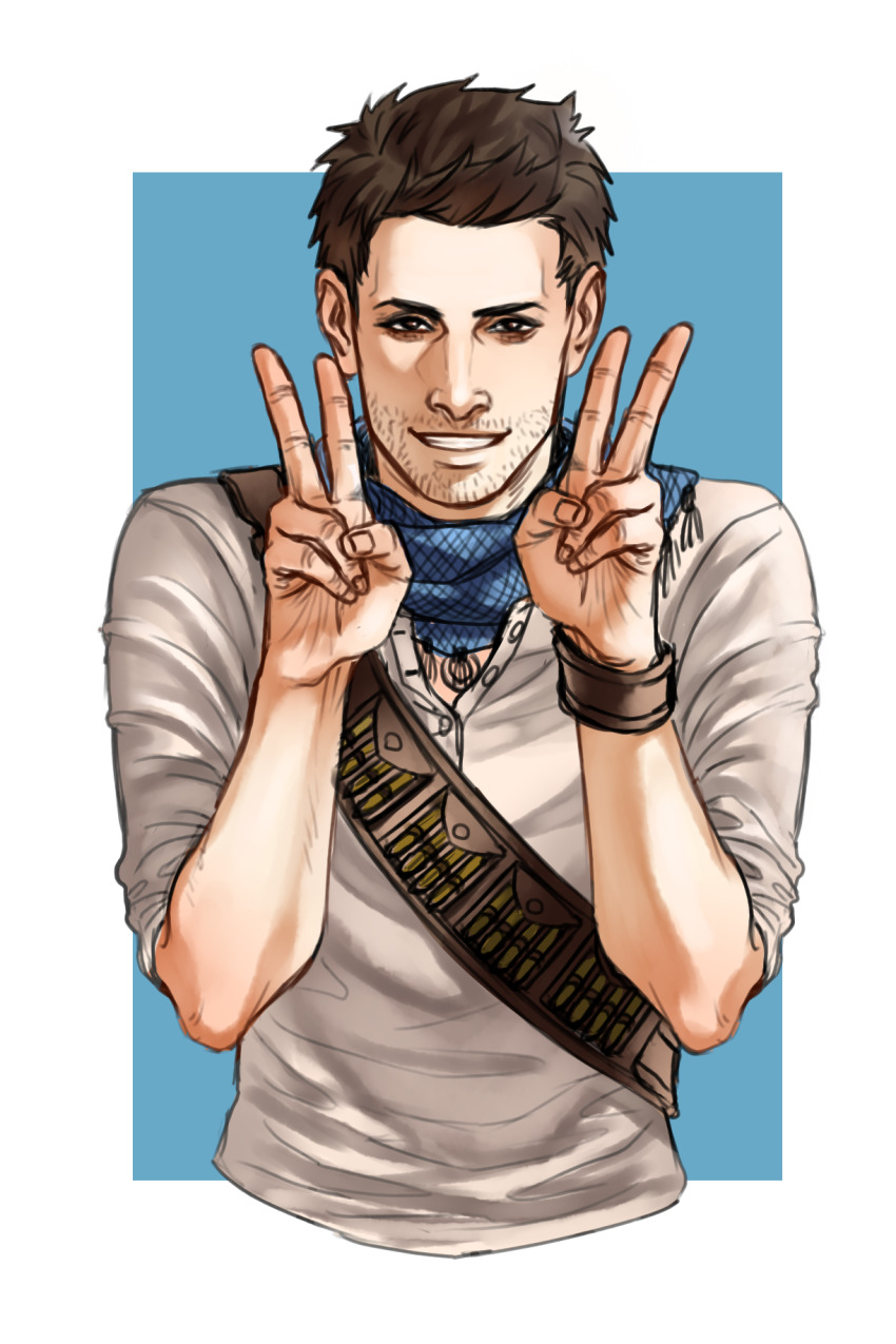 1boy anderain bandana bandolier belt brown_hair double_v facial_hair grin highres looking_at_viewer male_focus nathan_drake polo_shirt smile solo stubble uncharted uncharted_3 upper_body v