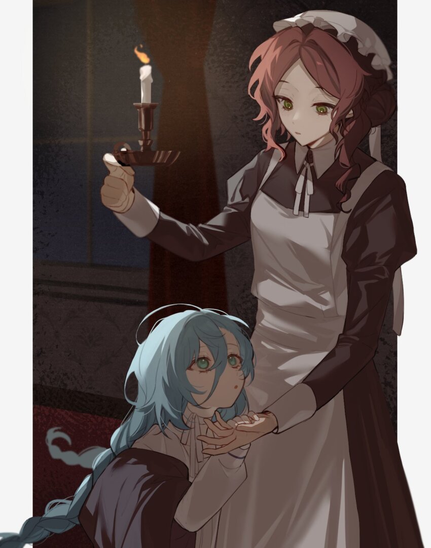 2girls 37_(reverse:1999) :o apron blue_hair braid candle candlestand chinese_commentary collared_dress dress green_eyes hair_between_eyes hair_bun hat highres holding_candlestand holding_hands indoors juliet_sleeves long_hair_between_eyes long_sleeves looking_at_another maid mob_cap multiple_girls pillarboxed puffy_sleeves red_hair reverse:1999 sophia_(reverse:1999) twin_braids white_apron window wo_shi_nugui yuri