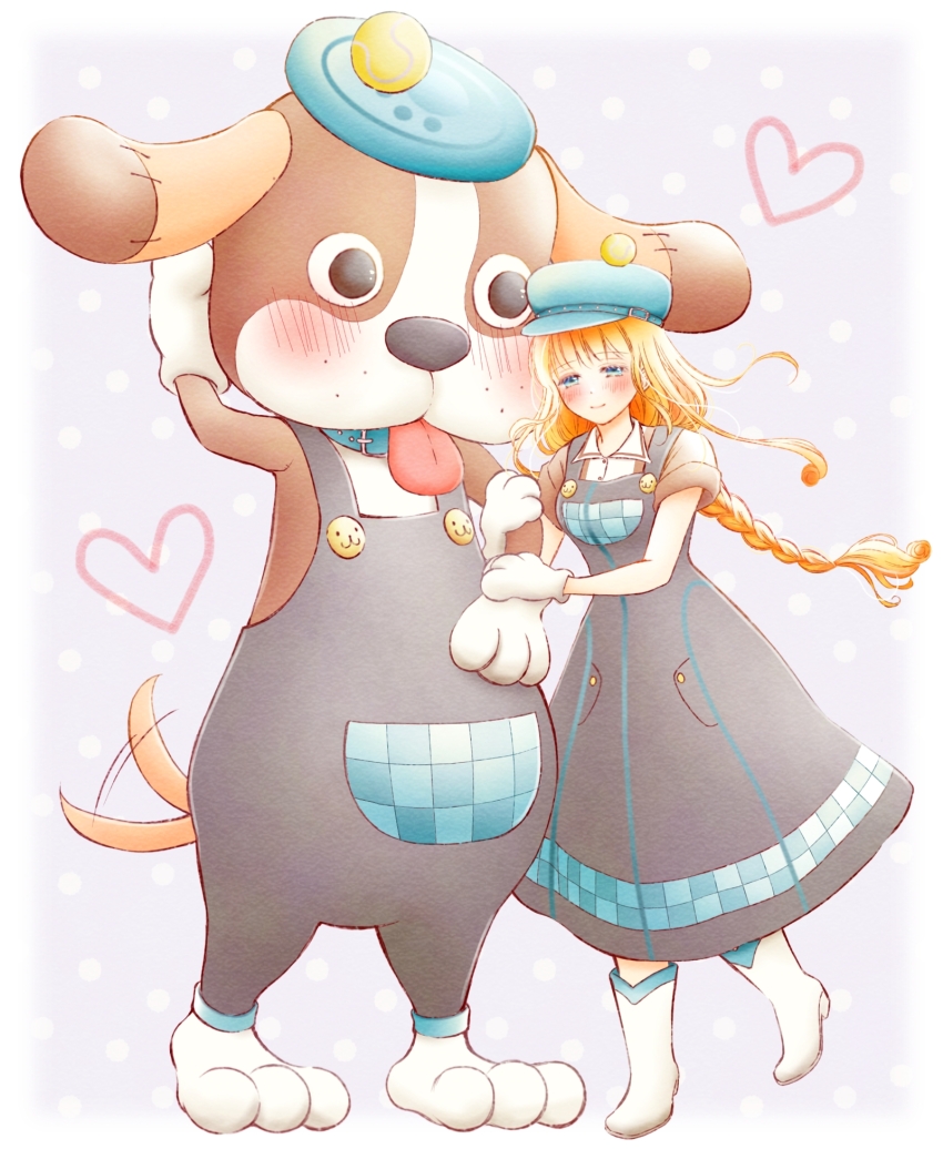 adapted_costume animal_collar azu_rin_go badge ball blonde_hair blue_collar blue_eyes blue_hat blush bokujou_monogatari bokujou_monogatari:_mittsu_no_sato_no_taisetsuna_tomodachi boots border braid brown_shirt button_badge closed_mouth collar cowboy_boots curly_sidelocks grey_overalls hair_between_eyes half-closed_eyes hat heart highres locked_arms low_twin_braids mascot_costume matching_outfits nanami_(bokujou_monogatari) newsboy_cap overall_skirt overalls pocket polka_dot polka_dot_background purple_background shirt short_sleeves smile standing standing_on_one_leg tail tail_wagging tennis_ball twin_braids white_boots white_border wing_collar woofio_(bokujou_monogatari)