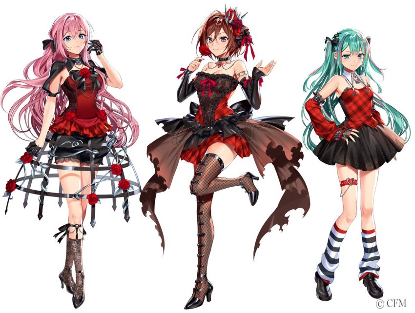 &gt;:) 3girls ankle_strap aqua_eyes aqua_hair aqua_nails arm_at_side armlet back_bow bare_shoulders belt black_arm_warmers black_bow black_bowtie black_collar black_gloves black_leg_warmers black_ribbon black_shoes black_shorts black_skirt black_socks blue_eyes bow bow_legwear bowtie breasts brown_eyes brown_hair brown_skirt center-flap_bangs cleavage closed_mouth collar collar_chain_(jewelry) copyright_notice crinoline crossed_legs crown detached_collar detached_sleeves dress fishnet_thighhighs fishnets flower frilled_shirt frills full_body gem gloves hair_between_eyes hair_bow hair_flower hair_ornament hair_ribbon half_gloves hand_on_own_hip hand_up hands_up hatsune_miku heart_belt high_heels holding holding_flower jewelry lace-trimmed_shorts lace_dress lace_socks lace_trim leg_warmers legwear_garter lineup loafers long_hair long_sleeves looking_at_viewer megurine_luka meiko_(vocaloid) mini_crown multicolored_hair multiple_girls murakami_yuichi nail_polish necklace official_art open_hand overskirt pink_hair plaid_clothes plaid_dress plaid_shirt pleated_skirt puffy_long_sleeves puffy_short_sleeves puffy_shorts puffy_sleeves red_dress red_gemstone red_nails red_ribbon red_shirt red_tube_top ribbon shirt shoes short_hair short_shorts short_sleeves shorts shrug_(clothing) sideways_glance simple_background skirt smile socks standing standing_on_one_leg strapless strapless_dress streaked_hair striped_leg_warmers thigh_belt thigh_strap thighhighs tube_top two_side_up v-shaped_eyebrows very_long_hair vocaloid watson_cross white_background white_leg_warmers
