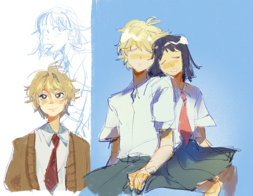 1boy 1girl black_hair black_pants black_skirt blonde_hair blue_background blush brown_vest cookie couple cuddling food highres iwakura_mitsumi marta_png necktie pants red_necktie school_uniform shima_sousuke shirt short_hair sketch skip_to_loafer skirt sleeping vest white_shirt