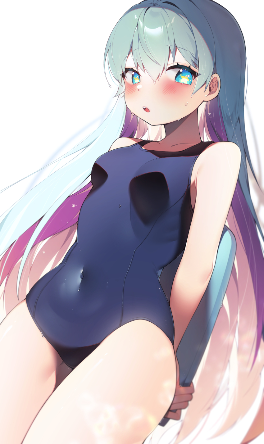 1girl absurdres arms_behind_back averting_eyes bare_arms blue_eyes blue_hair blue_one-piece_swimsuit blush breasts colored_inner_hair commentary commission covered_navel cowboy_shot english_commentary erica_(soccer_spirits) from_below hair_between_eyes highres holding_kickboard kickboard long_hair looking_to_the_side multicolored_hair one-piece_swimsuit pink_hair school_swimsuit sen_light simple_background small_breasts soccer_spirits solo star-shaped_pupils star_(symbol) sweat swimsuit symbol-shaped_pupils wet white_background