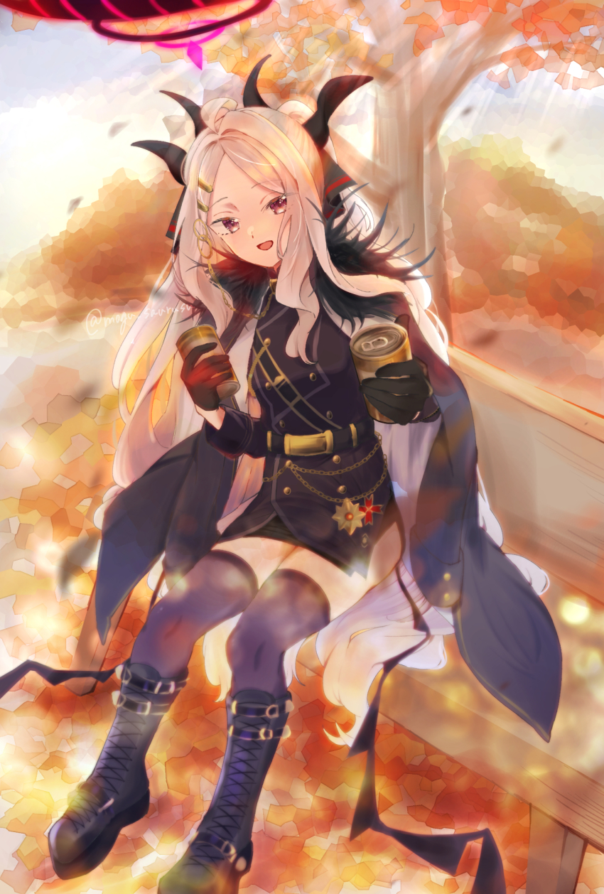 1girl ahoge autumn black_coat black_halo black_skirt black_thighhighs blue_archive breasts coat coat_on_shoulders day demon_girl demon_horns demon_wings halo highres hina_(blue_archive) horns long_hair looking_at_viewer low_wings mogu_saurusu open_mouth outdoors purple_eyes sitting skirt small_breasts solo thighhighs thighs tree very_long_hair white_hair wings
