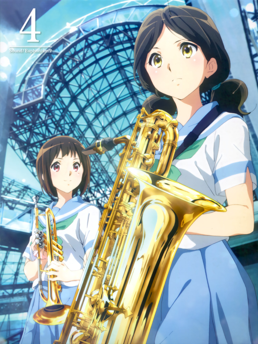 2girls album_cover baritone_saxophone blue_skirt blurry bob_cut bow brown_hair building closed_mouth cloud cover cowboy_shot day depth_of_field dvd_cover forehead green_bow green_neckerchief green_ribbon hibike!_euphonium highres holding holding_instrument holding_saxophone ikeda_shouko instrument kitauji_high_school_uniform looking_at_another looking_at_viewer looking_away mole mole_under_eye multiple_girls nakaseko_kaori neck_ribbon neckerchief official_art ogasawara_haruka outdoors pleated_skirt red_eyes ribbon sailor_collar saxophone school_uniform serafuku short_hair short_sleeves short_twintails skirt sky standing station strap swept_bangs trumpet twintails yellow_eyes