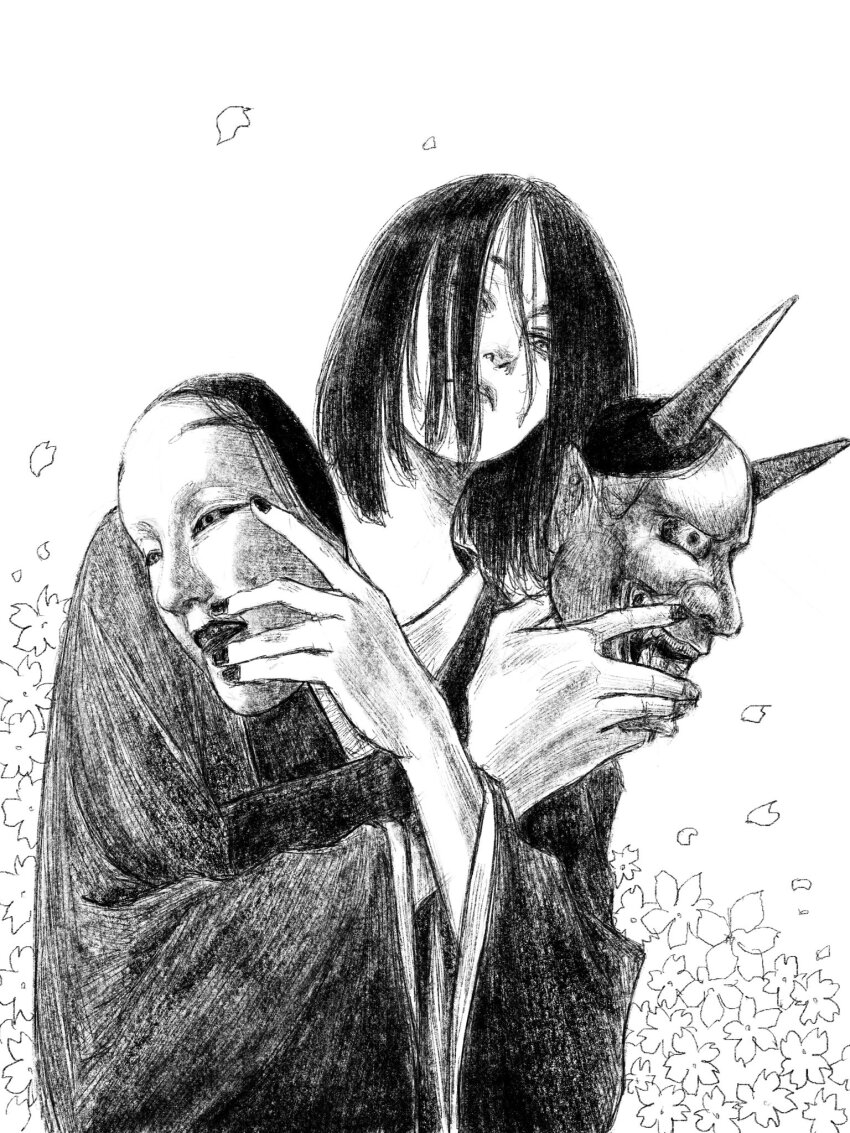 1girl black_hair falling_petals highres holding holding_mask long_hair long_sleeves mask oni_mask original petals solo tp_p_pt white_background wide_sleeves