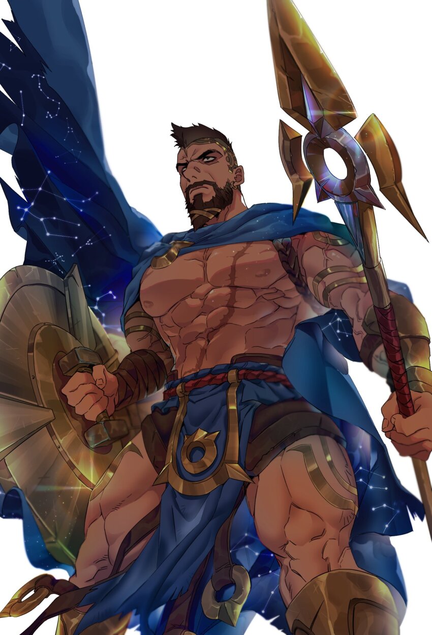 1boy abs aquarius_(constellation) bandaged_arm bandages bara beard belt biceps boots brown_hair cancer_(constellation) cape capricorn_(constellation) constellation constellation_print facial_hair from_below gauntlets gemini_(constellation) highres holding holding_polearm holding_shield holding_weapon large_pectorals league_of_legends left-handed leo_(constellation) libra_(constellation) loincloth looking_ahead mag_cora_imparo male_focus manly mature_male mohawk muscular muscular_arms muscular_legs muscular_male nipples pantheon_(league_of_legends) pectorals polearm sagittarius_(constellation) scorpius_(constellation) shield simple_background solo spear taurus_(constellation) thick_eyebrows thighs topless_male undercut veins vulpecula_(constellation) weapon white_background