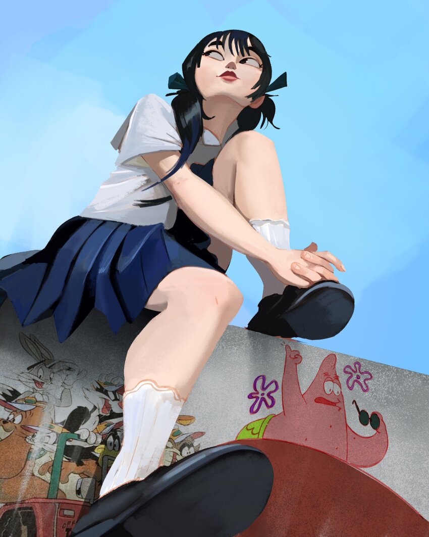 1girl black_footwear black_hair blue_skirt bugs_bunny commentary from_below graffiti highres hugging_own_legs knee_up long_hair looking_to_the_side looney_tunes original outdoors patrick_star pleated_skirt shirt shoe_soles sitting skirt sky socks spongebob_squarepants_(series) sylvester_(looney_tunes) symbol-only_commentary the_awesombrosos white_shirt white_socks