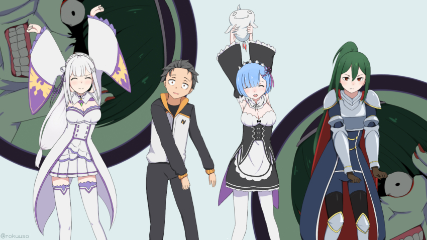 10s 2boys 3girls blunt_bangs crusch_karsten dancing detached_collar emilia_(re:zero) hair_between_eyes hakugei_(re:zero) kono_subarashii_sekai_ni_shukufuku_wo! multiple_boys multiple_girls natsuki_subaru pantyhose parody petelgeuse_romaneeconti ponytail re:zero_kara_hajimeru_isekai_seikatsu rem_(re:zero) rokuuso thighhighs tomorrow_(konosuba)