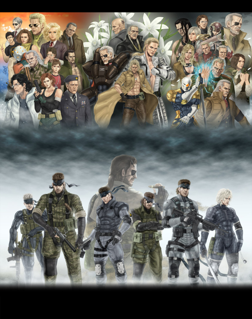 6+boys 6+girls absolutely_everyone amanda_valenciano_libre assault_rifle bad_id bad_pixiv_id big_boss camouflage cecile_cosina_caminades electricity emma_emmerich energy energy_fist eva_(metal_gear) everyone flower frank_jaeger glowing gray_fox gun hal_emmerich handgun headband highres holster hot_coldman huey_(metal_gear) kazuhira_miller kojima_hideo konami lily_(flower) liquid_snake load_bearing_vest m1911 m4_carbine major_zero meryl_silverburgh metal_gear_(series) metal_gear_solid metal_gear_solid:_peace_walker metal_gear_solid_2:_sons_of_liberty metal_gear_solid_3:_snake_eater metal_gear_solid_4:_guns_of_the_patriots metal_gear_solid_v:_the_phantom_pain multiple_boys multiple_girls multiple_persona naked_snake naomi_hunter old_snake para-medic_(mgs3) paz_ortega_andrade raiden_(metal_gear) ramon_galvez_mena revolver_ocelot rifle roy_campbell solid_snake solidus_snake strangelove sunny_emmerich suppressor tera_(no_reason) the_boss the_end_(metal_gear) the_fear the_fury the_pain the_sorrow thigh_holster vamp_(metal_gear) venom_snake weapon yevgeny_borisovitch_volgin