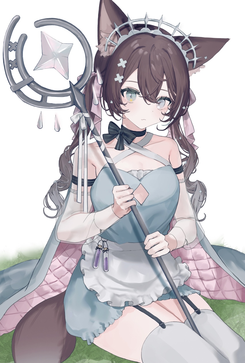 1girl absurdres animal_ears black_hair bow bowtie cape chamu_(kohaku_sogo) choker collarbone criss-cross_halter detached_sleeves garter_straps grass hair_bow halterneck highres holding holding_staff kohaku_sogo original pinstripe_bow pinstripe_ribbon purple_bow ribbon_choker see-through_clothes see-through_sleeves sitting solo staff tail test_tube thighhighs tiara twintails wolf_ears wolf_girl wolf_tail