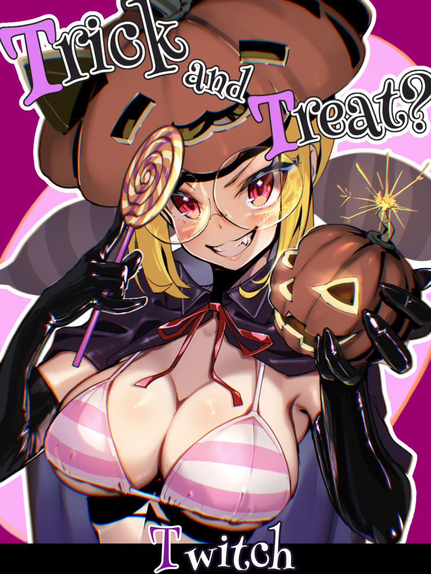 1girl bikini black_cape black_gloves blonde_hair bomb breasts candy cape character_name cleavage commentary elbow_gloves english_commentary english_text explosive food glasses gloves halloween highres holding holding_bomb holding_candy holding_food holding_lollipop jack-o&#039;-lantern_hat large_breasts latex latex_gloves lit_fuse lollipop looking_at_viewer momochi_momotan neck_ribbon red_eyes red_ribbon ribbon round_eyewear shantae_(series) smile solo striped_bikini striped_clothes swimsuit teeth trick_or_treat twintails twitch_(shantae) upper_body