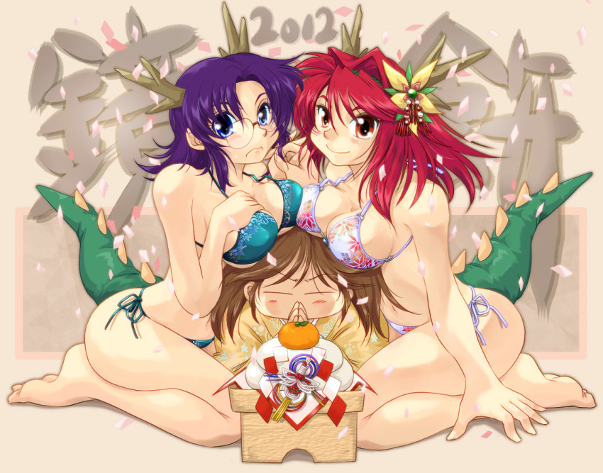 10s 2012 3girls asymmetrical_docking barefoot bikini blue_eyes blue_hair breast_press breast_rest breast_smother breasts breasts_on_head brown_hair closed_eyes cooperative_breast_smother dragon_girl dragon_tail face_to_breasts feet food fruit girl_sandwich glasses hair_ornament horns mandarin_orange mochi monster_girl multiple_girls new_year original purple_eyes ranbu_hararin red_eyes red_hair sandwiched short_hair side-tie_bikini_bottom swimsuit tail teamwork_(sexual) wagashi yuri