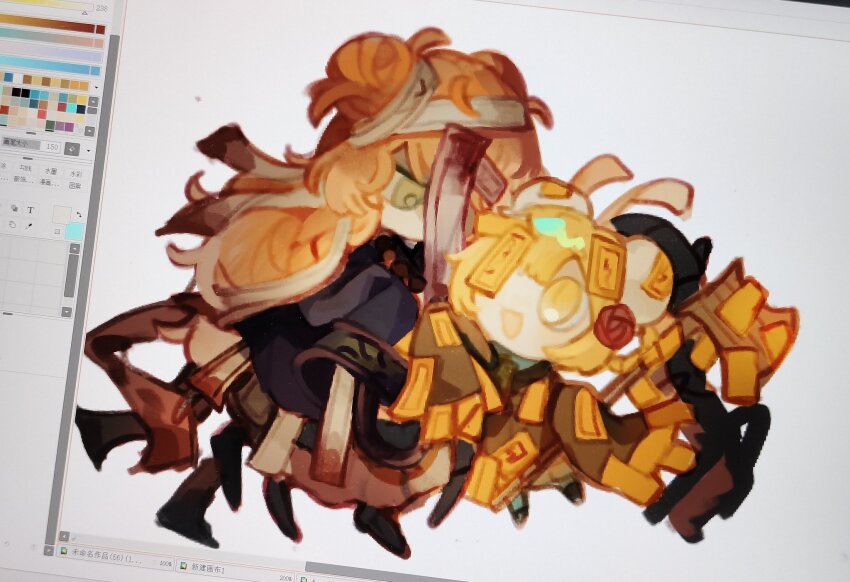 2girls :3 blonde_hair brown_dress bun_cover chibi don_quixote_(project_moon) double_bun dress e.g.o_(project_moon) flower green_eyes hair_bun highres hundred-footed_death_maggot_(e.g.o) i_am_a_chair72 ishmael_(project_moon) limbus_company long_hair multiple_girls ofuda ofuda_on_clothes ofuda_on_head open_mouth orange_hair project_moon red_flower red_rose red_sheet_(e.g.o) rose simple_background sleeves_past_fingers sleeves_past_wrists smile very_long_hair white_background yellow_eyes