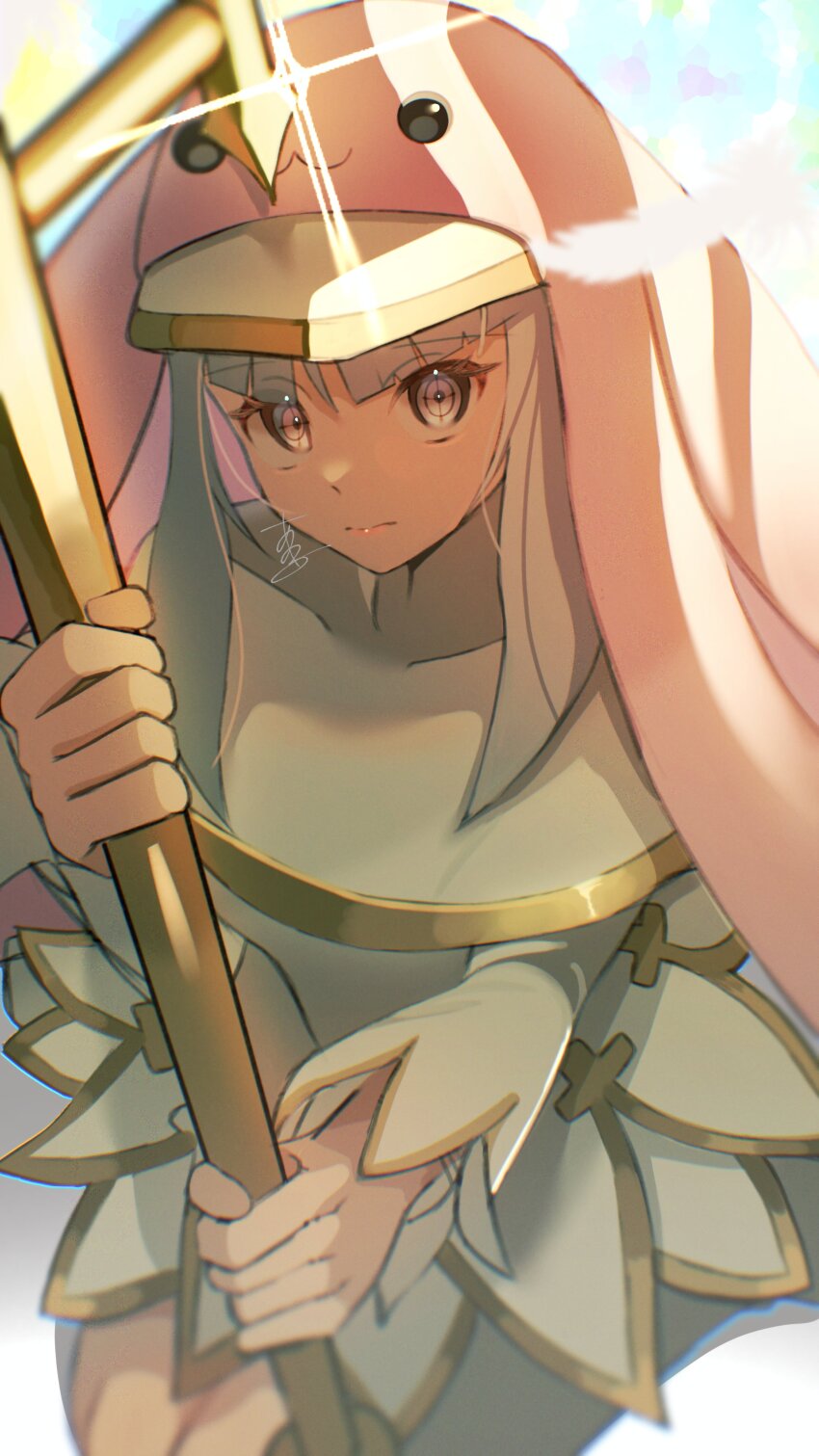 1girl absurdres cowboy_shot cross-shaped_pupils digimon digimon_(creature) dress feathers grey_hair highres holding holding_polearm holding_weapon nun pink_veil polearm sasaki_(ssk8083) sistermon_ciel solo symbol-shaped_pupils trident veil weapon white_dress white_feathers