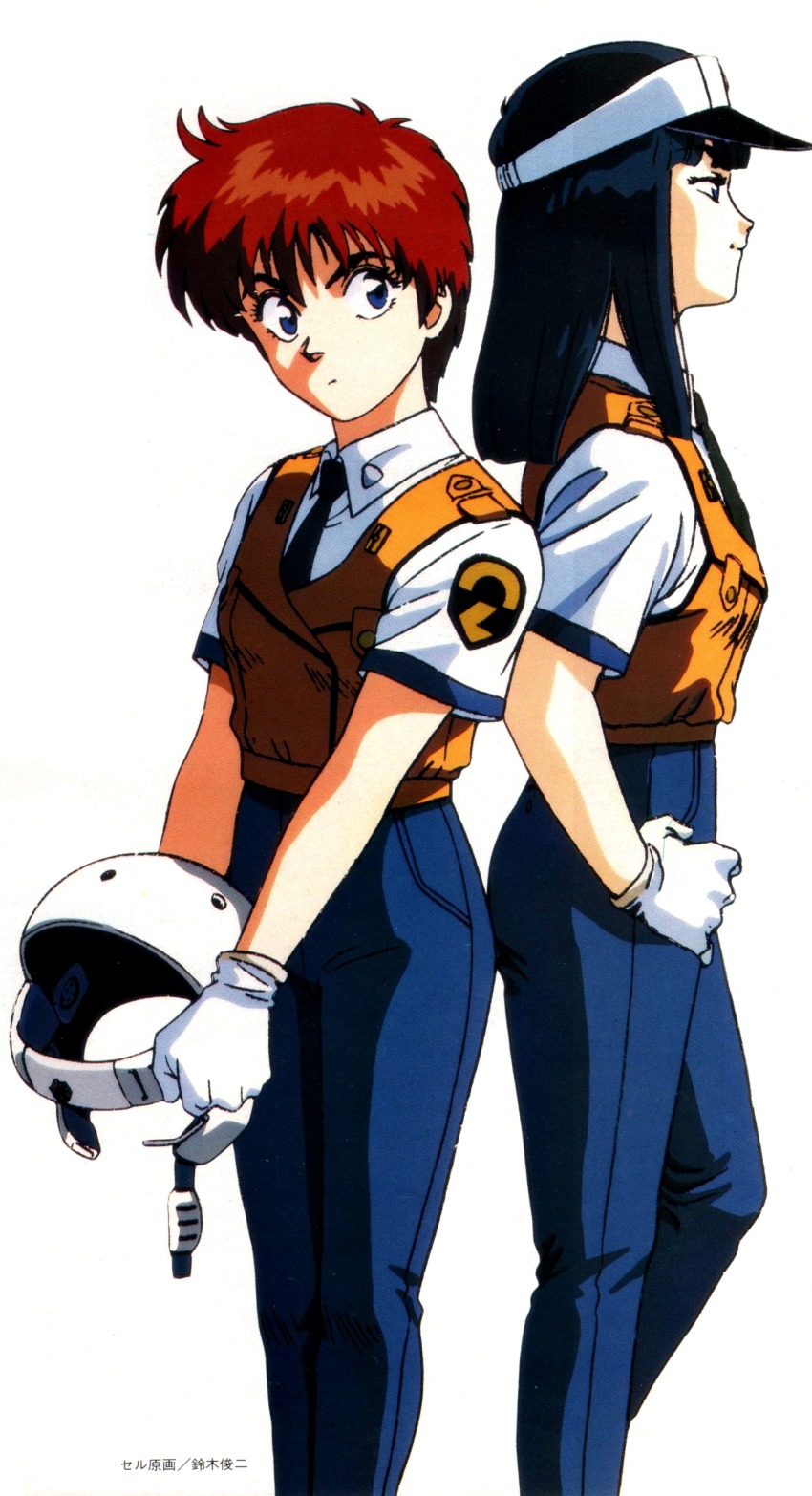 1980s_(style) 2girls absurdres animage back-to-back blue_eyes gloves hand_on_own_hip hat headgear helmet highres holding holding_helmet izumi_noa kanuka_clancy key_visual kidou_keisatsu_patlabor looking_ahead looking_at_viewer magazine_scan multiple_girls necktie official_art oldschool police police_uniform policewoman promotional_art red_hair retro_artstyle scan science_fiction short_hair smirk suzuki_shunji tomboy vest