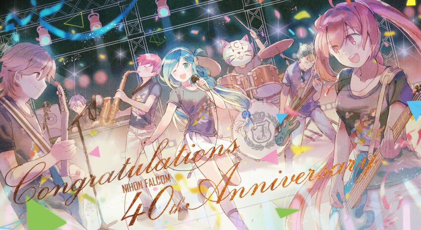 2girls 5boys :d adol_christin anniversary aqua_eyes black_shirt blue_hair brown_eyes brown_hair c_(eiyuu_densetsu) closed_eyes commentary company_connection concert congratulations crossover dana_iclucia drum eiyuu_densetsu english_commentary estelle_bright falcom green_hair highres holding holding_instrument holding_microphone holding_saxophone instrument kevin_graham keyboard_(instrument) lloyd_bannings long_hair microphone mishy multiple_boys multiple_girls music open_mouth pants playing_guitar playing_instrument rean_schwarzer red_hair saxophone second-party_source shirt short_hair skirt smile stage_lights teeth truss upper_teeth_only white_pants white_skirt wolfyinthecity ys ys_viii_lacrimosa_of_dana