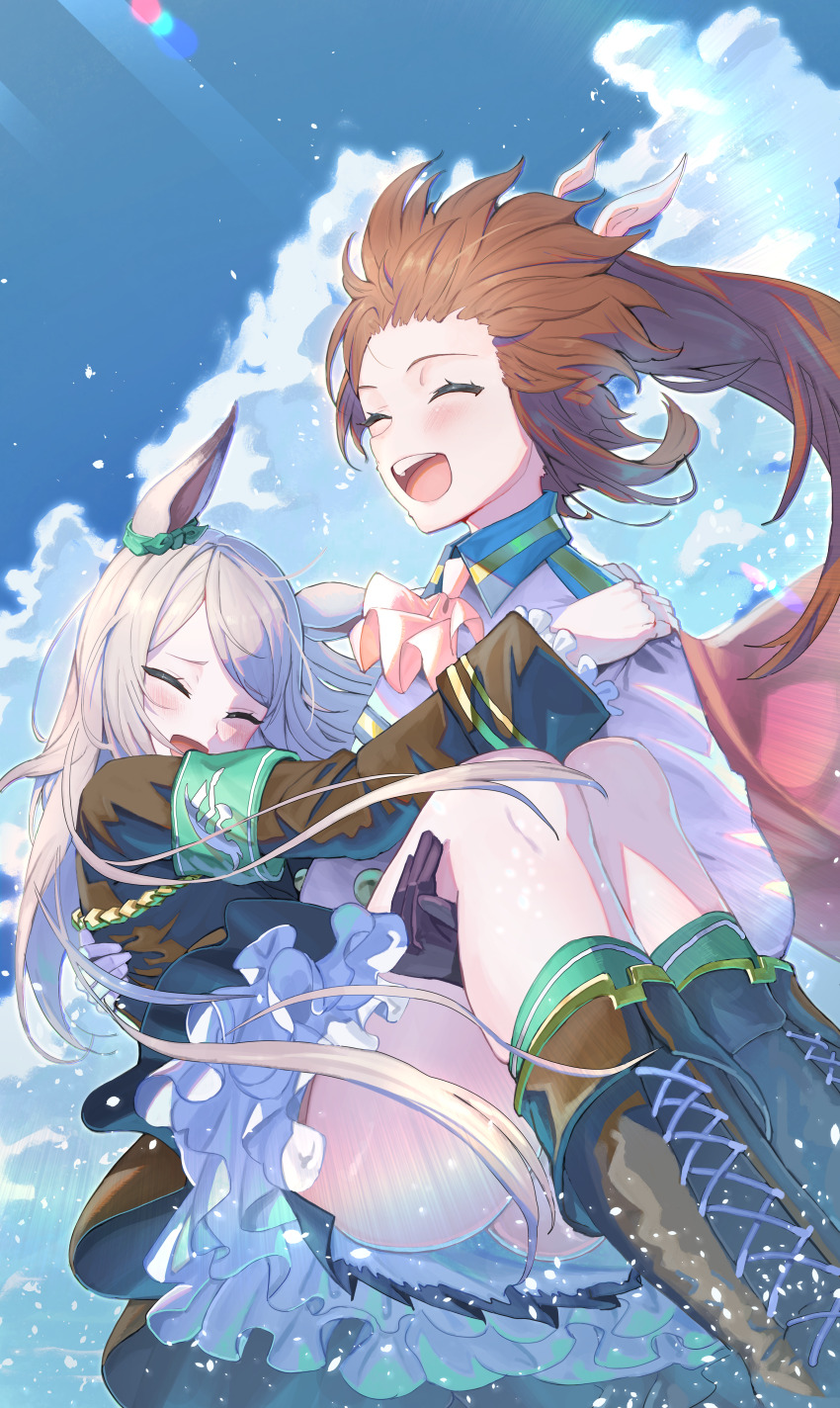 2girls absurdres animal_ears aqua_bow aqua_socks ascot black_boots black_gloves black_skirt blue_sky blush boots bow carrying closed_eyes cloud cloudy_sky commentary_request cowboy_shot ear_bow frilled_jacket frills gloves highres horse_ears horse_girl jacket lens_flare long_hair long_sleeves mejiro_mcqueen_(umamusume) multiple_girls open_mouth outdoors petticoat pink_ascot pleated_skirt ponytail princess_carry skirt sky smile socks teeth tokai_teio_(umamusume) tsujiya_okuyasu umamusume upper_teeth_only white_jacket