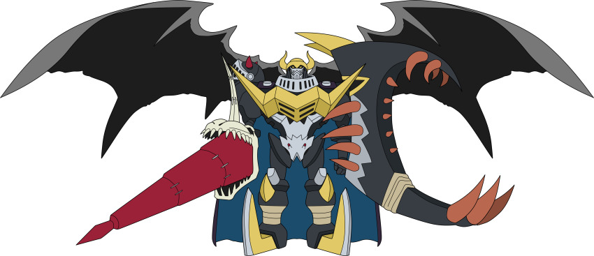 absurdres darkknightmon digimon digimon_(creature) fusion highres looking_at_viewer skullgreymon skullsatamon solo superdarkknightmon transparent_background wings
