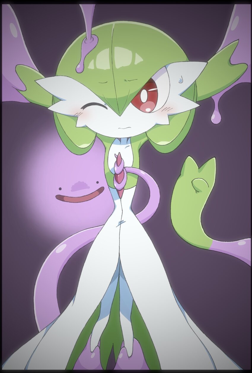 absurdres black_eyes blush bob_cut ditto dress envi55109095 gardevoir gen_1_pokemon gen_3_pokemon green_hair highres nintendo no_feet one_eye_closed open_mouth pink_eyes pokemon pokemon_(creature) purple_background restrained simple_background tentacles white_dress