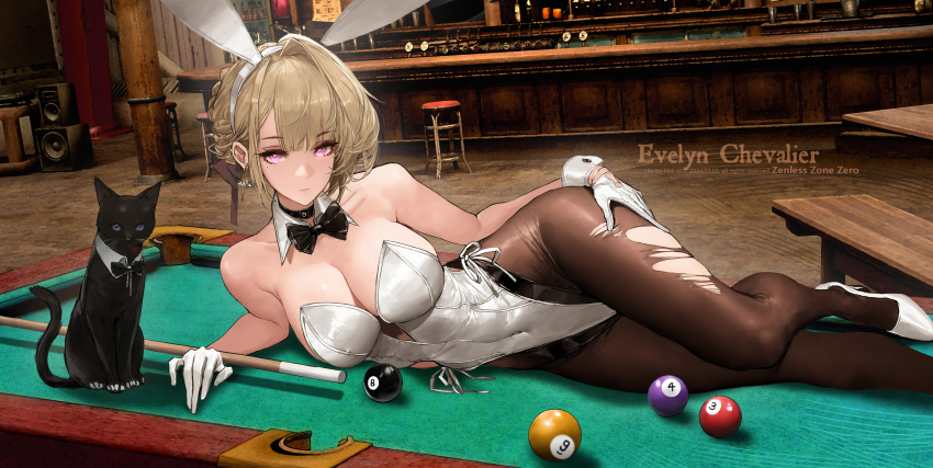 1girl absurdres animal_ear_hairband animal_ears artist_name ball bare_shoulders billiard_ball black_bow black_bowtie black_cat black_choker blonde_hair bow bowtie breasts cat character_name choker cleavage closed_mouth covered_collarbone covered_navel cue_stick detached_collar earrings evelyn_chevalier fake_animal_ears gloves hair_up hairband hand_on_own_thigh high_heels highleg highleg_leotard highres jewelry large_breasts legs leotard long_hair looking_at_viewer lying mole mole_under_eye nid417 on_side on_table pantyhose playboy_bunny pool_table pumps purple_eyes rabbit_ear_hairband rabbit_ears shoes side-tie_leotard solo strapless strapless_leotard table thighs torn_clothes torn_pantyhose traditional_bowtie uneven_bangs white_gloves white_hairband white_leotard white_shoes white_wrist_cuffs wrist_cuffs zenless_zone_zero