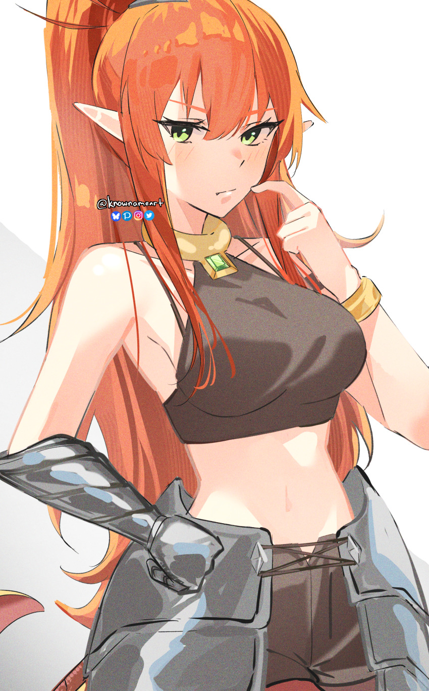 1girl absurdres armored_skirt armpits artist_name black_shirt bloom blush bracelet breasts brown_shorts closed_mouth collar crop_top demon_girl dragon_girl dragon_tail gauntlets hair_between_eyes hand_on_own_hip highres jewelry knowname long_hair looking_at_viewer medium_breasts metal_collar navel pointy_ears ponytail red_hair salaryman_ga_isekai_ni_ittara_shitennou_ni_natta_hanashi scratching_cheek shirt shorts sideboob simple_background solo stomach tail ulmandra very_long_hair white_background