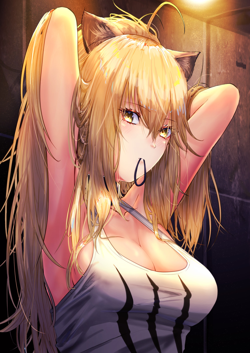 absurdres ahoge animal_ear_fluff animal_ears arknights armpits arms_behind_head black_hairband blonde_hair breasts cleavage commentary_request eyebrows hairband highres in_mouth indoors large_breasts light lion_ears long_hair looking_at_viewer messy_hair sidelocks siege_(arknights) tank_top very_long_hair white_tank_top yellow_eyes yuki_(xhep4488)