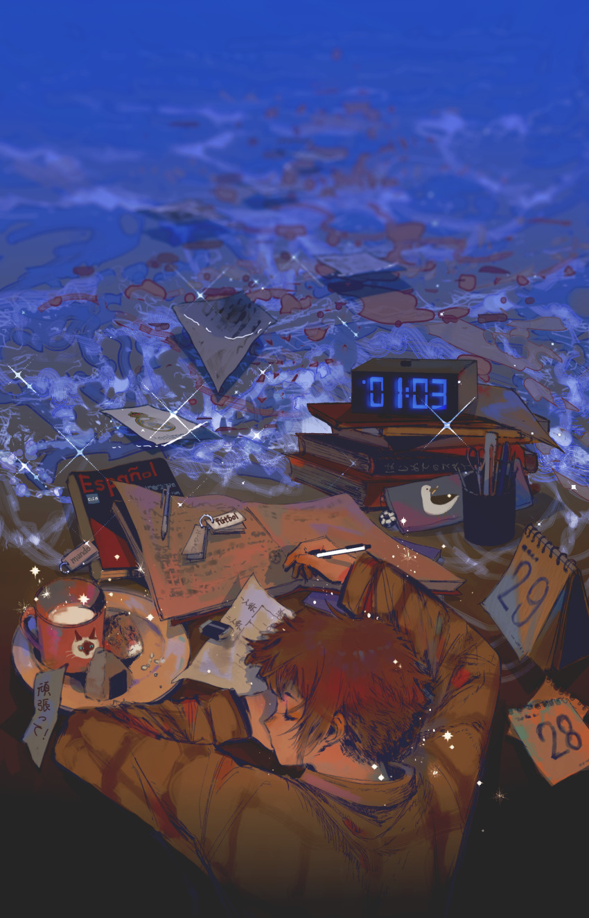 1boy absurdres afloat bird blue_lock book book_stack brown_hair calendar_(object) clock commentary_request cup digital_clock dreaming eraser food highres holding holding_pen itoshi_sae male_focus medium_hair mug ocean onigiri paper pen pen_holder scissors seagull sleeping solo spanish_text sparkle writing yukinoneko