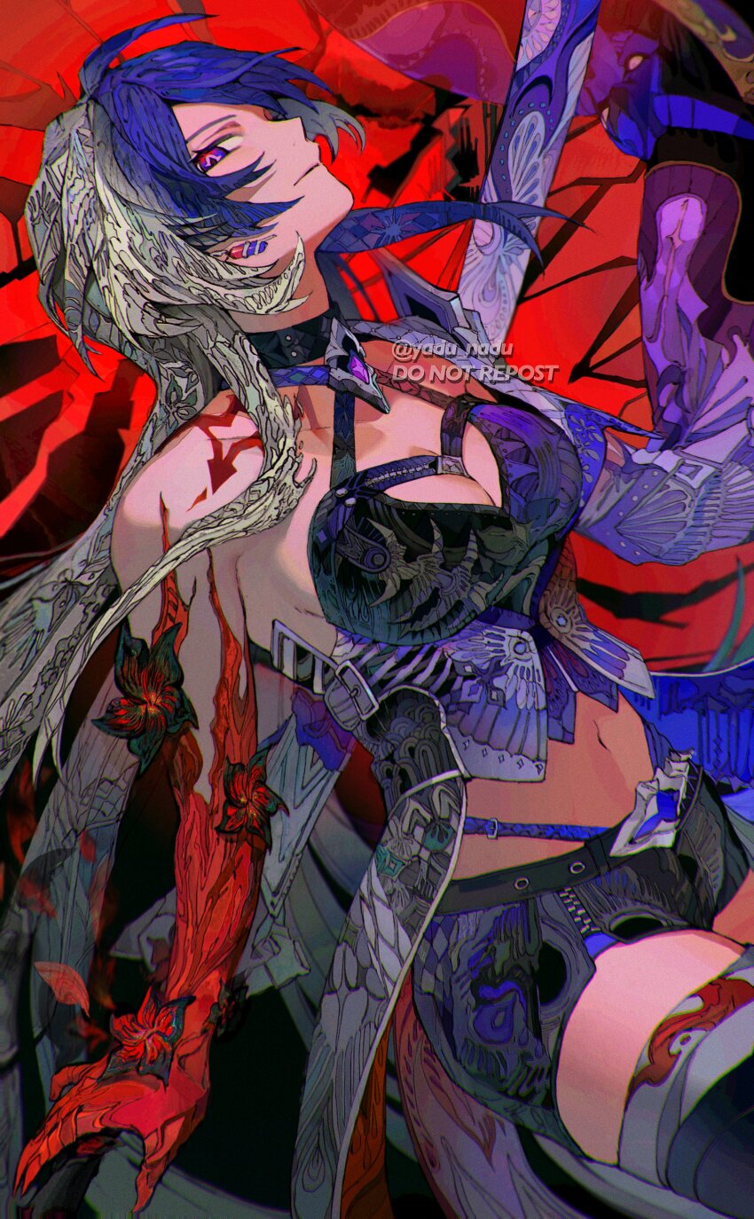 1girl absurdres acheron_(honkai:_star_rail) black_choker black_gloves black_shorts body_markings boots breasts chain choker cleavage coat coattails detached_sleeves flower gloves gradient_hair hair_over_one_eye highres honkai:_star_rail honkai_(series) long_hair midriff multicolored_hair navel purple_eyes purple_hair red_flower scabbard sheath sheathed short_shorts shorts single_bare_shoulder solo stomach streaked_hair sword thigh_boots twitter_username weapon white_coat white_hair yadu_nadu