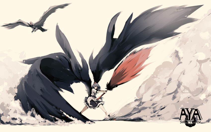 1girl black_hair black_skirt black_socks female_focus hat kneehighs looking_at_viewer pianika red_eyes red_hat shameimaru_aya shameimaru_aya_(crow) short_hair skirt socks solo tokin_hat touhou wings