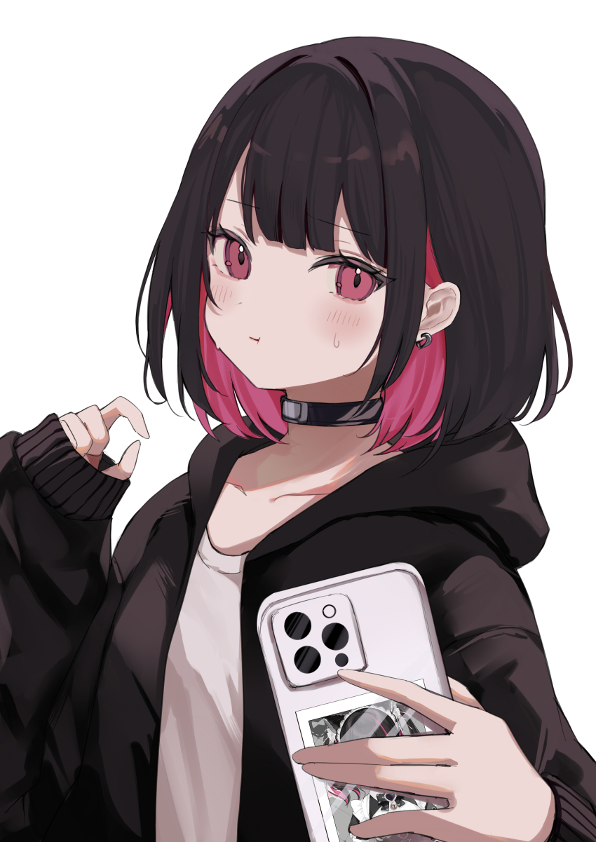 absurdres black_choker black_hair cardigan_vest cellphone choker collarbone earrings highres holding holding_phone indie_virtual_youtuber jewelry long_sleeves looking_at_viewer medium_hair multicolored_hair phone pink_eyes pink_hair rikotan rikotan_(vtuber) shirt simple_background sleeves_past_wrists smartphone sweatdrop two-tone_hair virtual_youtuber white_background white_shirt