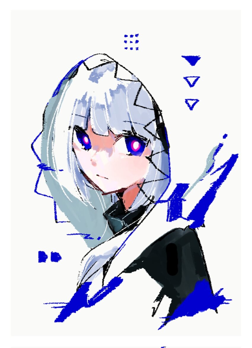1girl blending blue_eyes blunt_bangs bright_pupils cevio closed_mouth commentary_request expressionless fujita_sumi grey_hair highres hood hood_up hooded_jacket jacket kafu_(cevio) kamitsubaki_studio looking_at_viewer looking_to_the_side multicolored_eyes purple_eyes sidelocks solo upper_body white_background white_jacket white_pupils