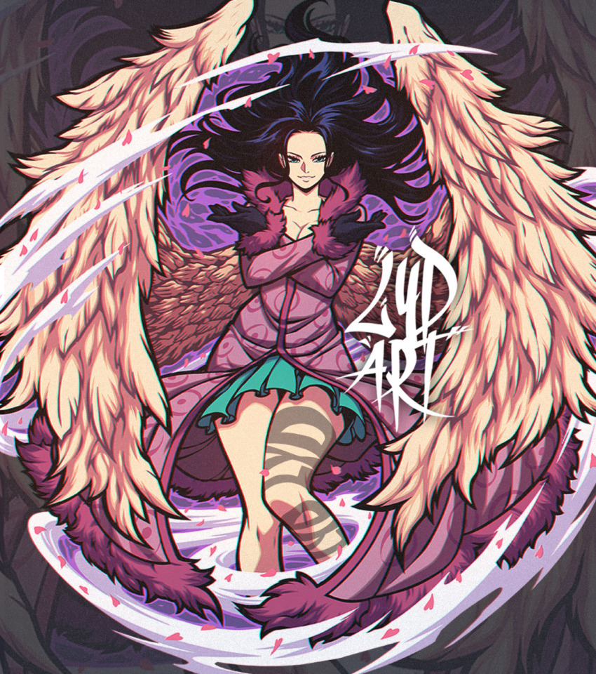 1girl artist_name black_gloves black_hair blue_eyes breasts cleavage coat collarbone female_focus fur-trimmed_coat fur_trim gloves hana_hana_no_mi highres looking_at_viewer lydart_mclo nico_robin nico_robin_(punk_hazard) one_piece petals skirt smile solo thighs wings