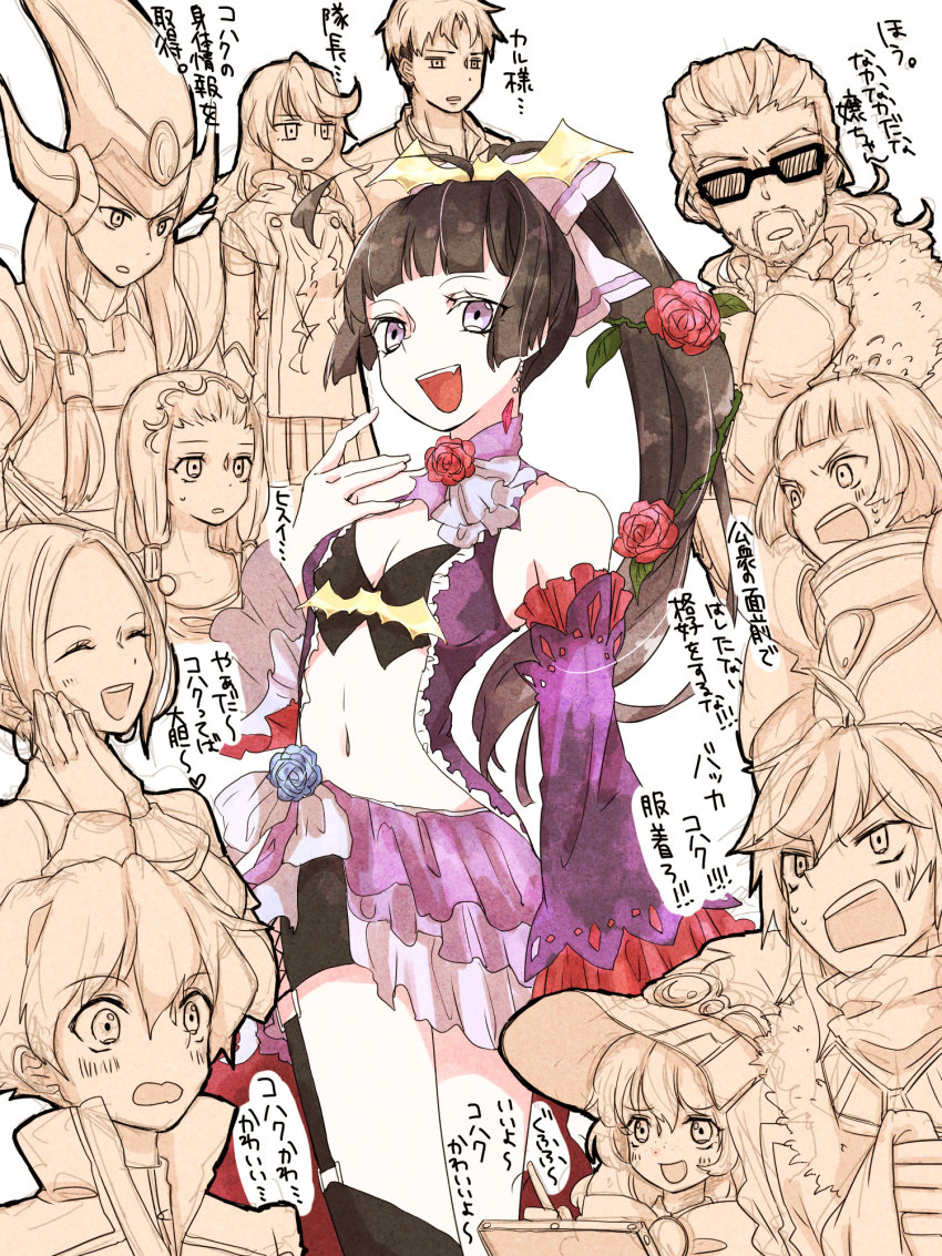 5girls 6+boys armor bare_shoulders beard beryl_benito black_hair blush breasts byrocks_burrows chalcedony_akerman cleavage detached_sleeves dress earrings closed_eyes facial_hair fang flower frills fur gall_gruner glasses hair_ornament hat helmet highres hisui_hearts ines_lorenzen jacket jewelry kohaku_hearts kunzite_(tales) long_hair midriff multiple_boys multiple_girls navel partially_colored peridot_hamilton plant ponytail purple_eyes lithia_spodumene rose scarf kor_meteor short_hair short_shorts shorts skirt tales_of_(series) tales_of_hearts white_background witch_hat