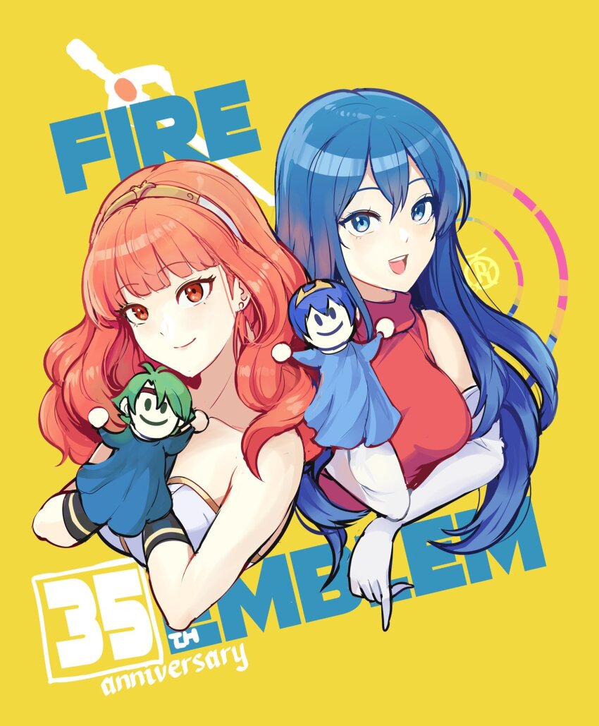 2girls :d alm_(fire_emblem) anniversary arm_under_breasts bare_arms bare_shoulders blue_eyes blue_hair breasts caeda_(fire_emblem) celica_(fire_emblem) character_doll collarbone elbow_gloves fire_emblem fire_emblem:_mystery_of_the_emblem fire_emblem:_shadow_dragon_and_the_blade_of_light fire_emblem_echoes:_shadows_of_valentia gloves hand_puppet highres marth_(fire_emblem) medium_breasts multiple_girls nintendo open_mouth puppet revolverwing sleeveless smile tiara yellow_background