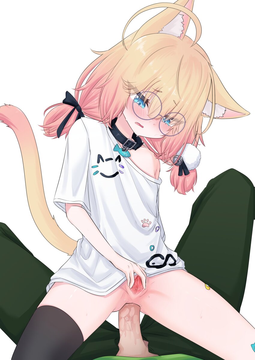 1boy 1girl absurdres ahoge anal animal_ear_fluff animal_ears asymmetrical_legwear bandaid bandaid_on_leg bell black_collar blonde_hair blue_eyes blush bottomless cat_ears cat_girl cat_tail collar fang glasses gradient_hair hair_bell hair_ornament hetero highres indie_virtual_youtuber loli low_twintails lying minikomew mismatched_legwear multicolored_hair open_mouth oversized_clothes oversized_shirt penis pink_hair pom_pom_(clothes) pom_pom_hair_ornament pov pussy ritspi sex shirt simple_background single_thighhigh spread_pussy spreading_own_pussy straddling t-shirt tail thighhighs twintails uncensored vedal987 virtual_youtuber white_background white_shirt
