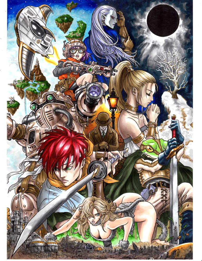 1990s_(style) 3girls 4boys absurdres all_fours arm_cannon armlet armor ayla_(chrono_trigger) bandana bandeau bangle belt blonde_hair blue_eyes bowler_hat bracelet breastplate breasts building cane cape choker chrono_(series) chrono_trigger cleavage colored_sclera colored_skin crono_(chrono_trigger) earrings eclipse epoch everyone closed_eyes facial_hair fighting_stance fingerless_gloves floating_island formal_clothes frog frog_(chrono_trigger) fur gaspar glasses gloves green_eyes gun hair_over_one_eye hat helmet highres jewelry katana lamppost long_hair long_sleeves lots_of_jewelry lucca_ashtear magus_(chrono_trigger) marker_(medium) marle_(chrono_trigger) multiple_boys multiple_girls mustache necklace necktie pointy_ears ponytail pouch praying purple_hair red_eyes red_hair retro_artstyle robo_(chrono_trigger) robot short_hair sky slit_pupils snow solar_eclipse square_enix star_(sky) starry_sky suit sword tail takumi_(marlboro) time_machine traditional_media tree vambraces wasteland water waterfall weapon white_hair white_skin yellow_sclera