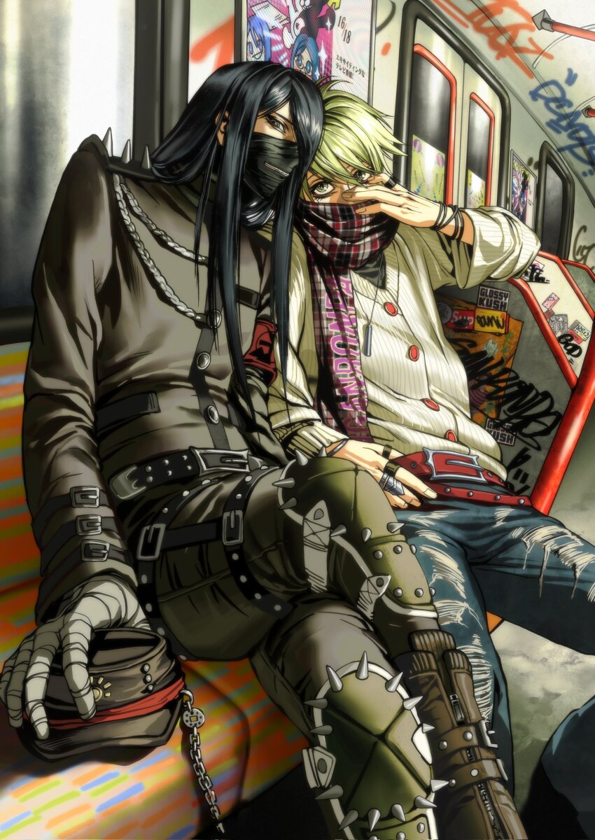 2boys alternate_costume amami_rantaro arm_belt armband bandaged_hand bandages belt bishounen black_belt black_mask bracelet buttons cardigan commentary covered_mouth crossed_legs danganronpa_(series) danganronpa_v3:_killing_harmony denim eyelashes gakuran graffiti green_eyes green_hair hair_between_eyes hasu_(kirajellysoup) hat highres jacket jeans jewelry legwear_garter long_hair long_sleeves looking_at_viewer male_focus mask monokuma mouth_mask multiple_belts multiple_boys multiple_bracelets necklace pants plaid_clothes plaid_scarf poster_(object) punk red_armband red_belt ring scarf school_uniform shinguji_korekiyo shirogane_tsumugi short_hair shoulder_spikes sitting spikes studded_belt thigh_belt thigh_strap torn_clothes torn_jeans torn_pants train_interior unworn_hat unworn_headwear zipper
