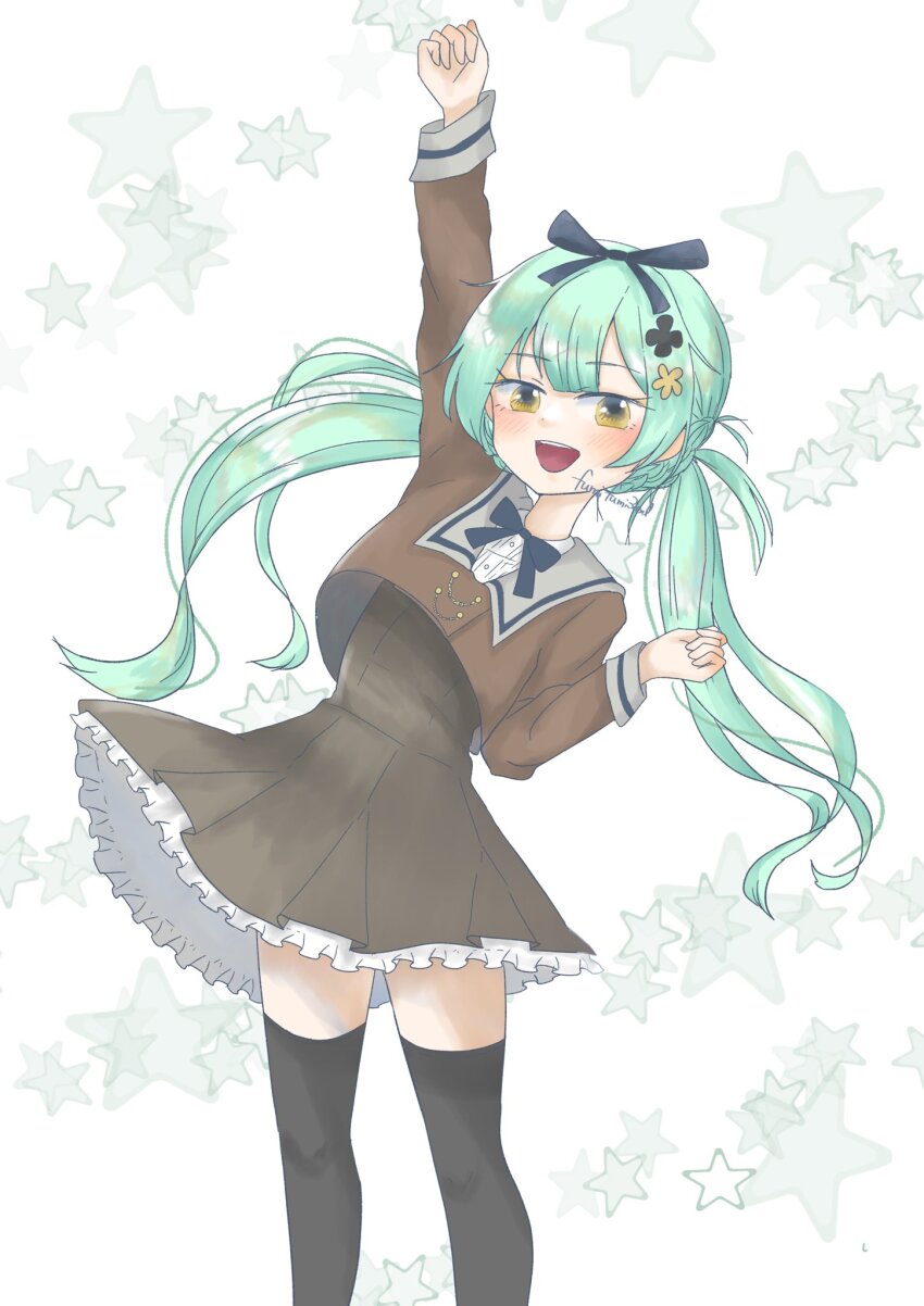 1girl arm_up assault_lily black_bow black_bowtie black_ribbon black_thighhighs blunt_bangs blush bow bowtie braid brown_dress buttons commentary_request cropped_jacket dress feet_out_of_frame flower frilled_dress frills fumi_(fumifumi3axl) green_hair hair_flower hair_ornament hair_ribbon hand_up highres long_hair long_sleeves looking_at_viewer low_twintails open_mouth outstretched_arm pleated_dress ribbon school_uniform shirt smile solo standing star_(symbol) star_symbol_background teeth thighhighs twintails twitter_username ueda_imari upper_teeth_only very_long_hair white_background white_shirt yellow_eyes yellow_flower zettai_ryouiki