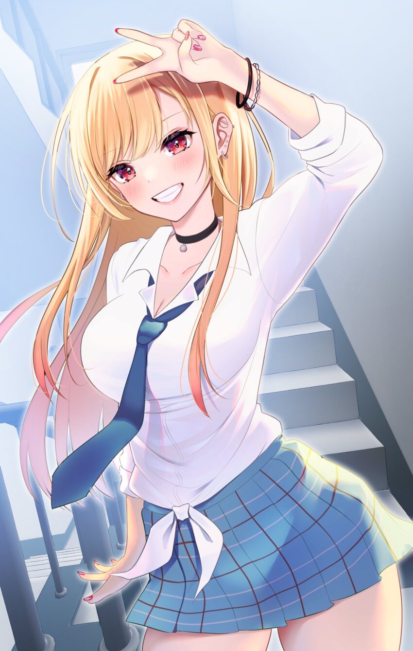 1girl black_choker blonde_hair blue_necktie blue_skirt blush bracelet breasts choker cleavage collarbone collared_shirt commentary_request contrapposto cowboy_shot grin gyaru highres jewelry kitagawa_marin kurosaki_coco large_breasts long_hair multiple_bracelets necktie pink_nails plaid_clothes plaid_skirt pleated_skirt red_eyes school_uniform shirt skirt smile solo sono_bisque_doll_wa_koi_wo_suru stairs standing three-quarter_sleeves tied_shirt v v_over_head white_shirt