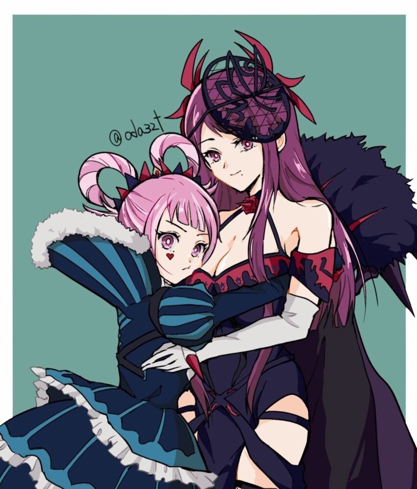 2girls breast_press breast_smother breasts dress face_to_breasts facial_mark fascinator fire_emblem fire_emblem_engage flower_brooch folded_twintails frown fur_wrist_cuffs hair_flaps hair_rings heart heart_facial_mark highres hortensia_(fire_emblem) hug ivy_(fire_emblem) large_breasts multiple_girls nintendo oda32t pout purple_eyes purple_hair see-through_clothes see-through_headwear siblings sisters spiked striped_clothes striped_dress vertical-striped_clothes vertical-striped_dress wrist_cuffs